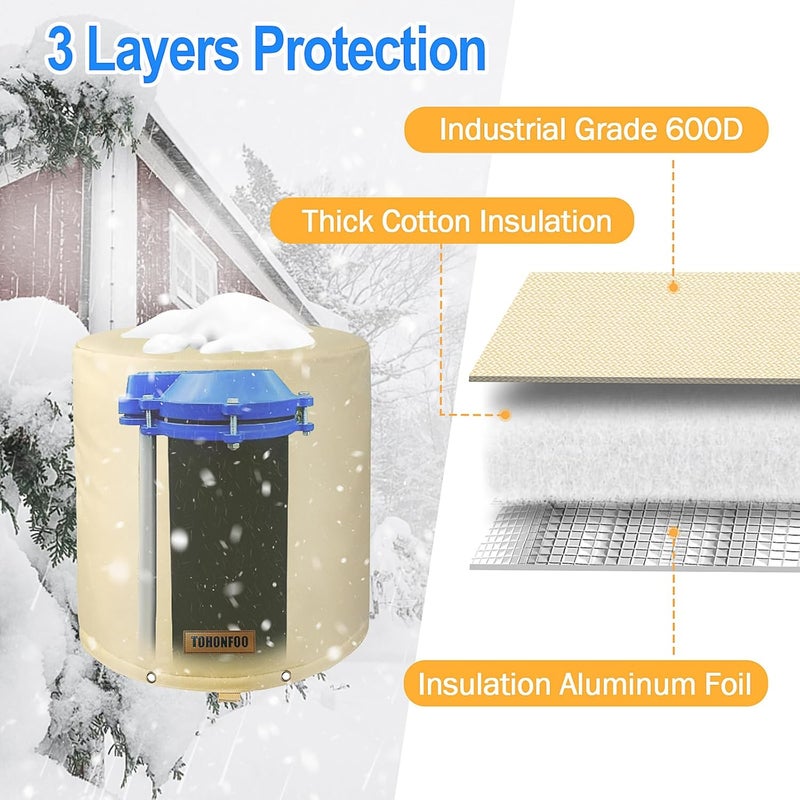 TOHONFOO Round Well Head Cover (5°F) - Insulated Well Pump Cover - Decorative Well Pump Covers - Thickened 3 Layers Well Covers for Water Wells Freeze Proof, 8"Dia x 12"H, Beige - Image 3